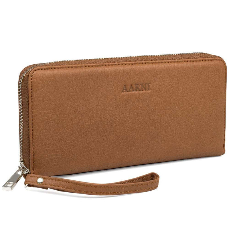 AARNI CLUTCH WALLET COGNAC NAHKALOMPAKKO HOPEISELLA VETOKETJULLA