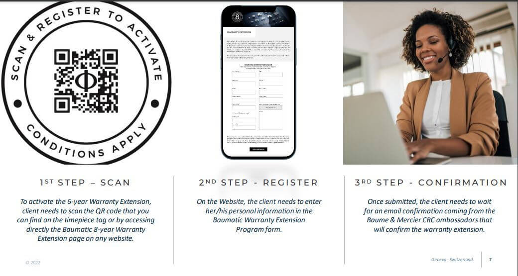 Baume & Mercier warranty registration process steps with QR code and instructions.