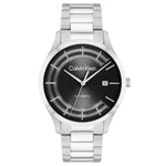 Calvin Klein Iconic Automatic Rannekello CK25300021 tyylikäs musta kellotaulu ja ruostumaton teräsranneke.
