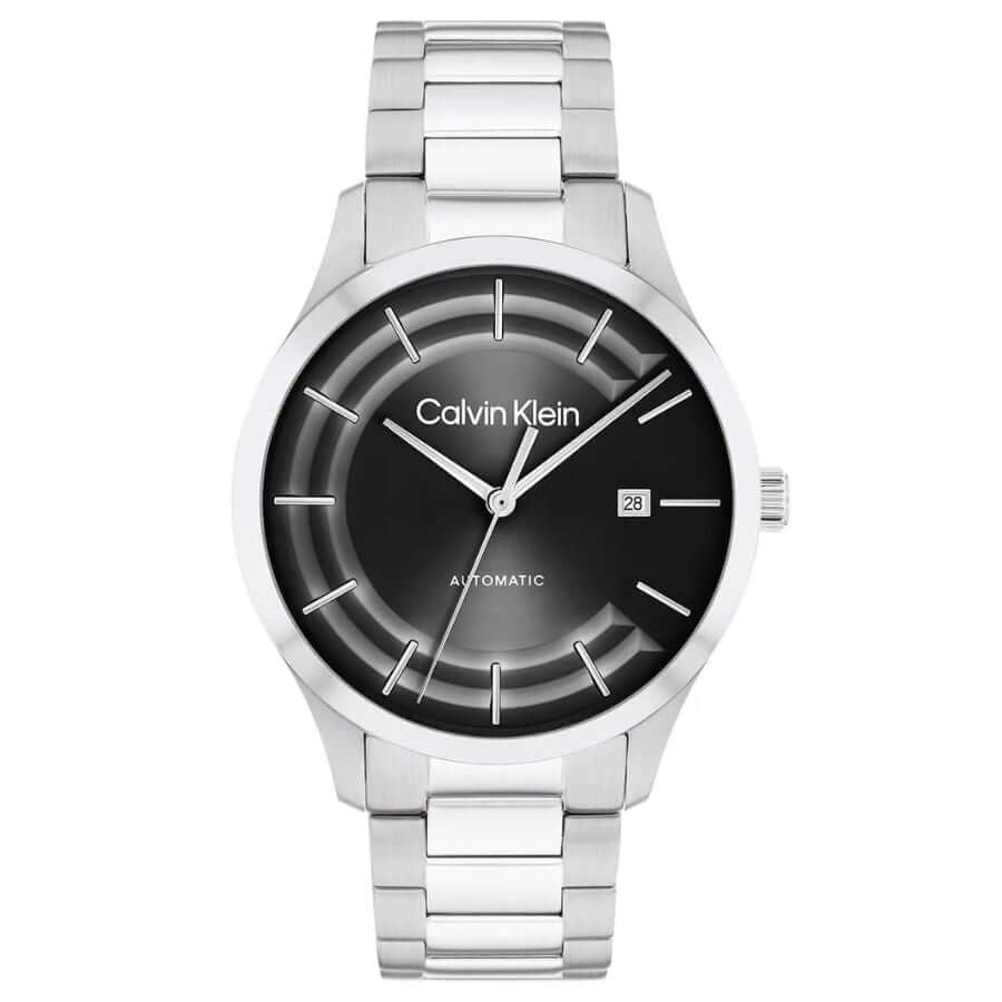 Calvin Klein Iconic Automatic Rannekello CK25300021 tyylikäs musta kellotaulu ja ruostumaton teräsranneke.