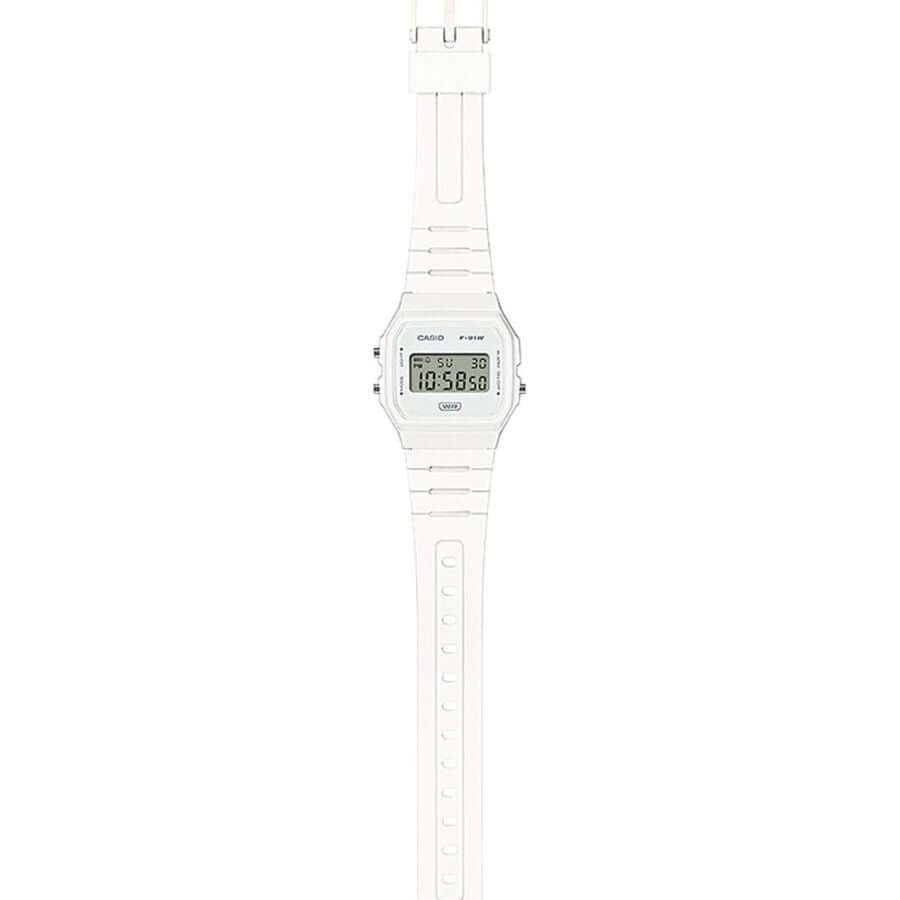 Casio Collection F-91WB-7AEF valkoinen digitaalikello minimalistisella muotoilulla.