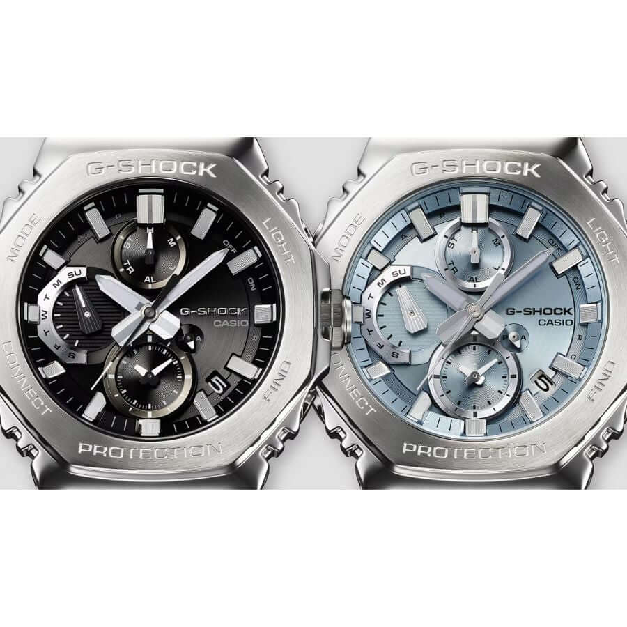 Casio G-Shock Full Metal GMC-B2100D-2AER kahden kellon kuva, musta ja vaaleansininen malli.