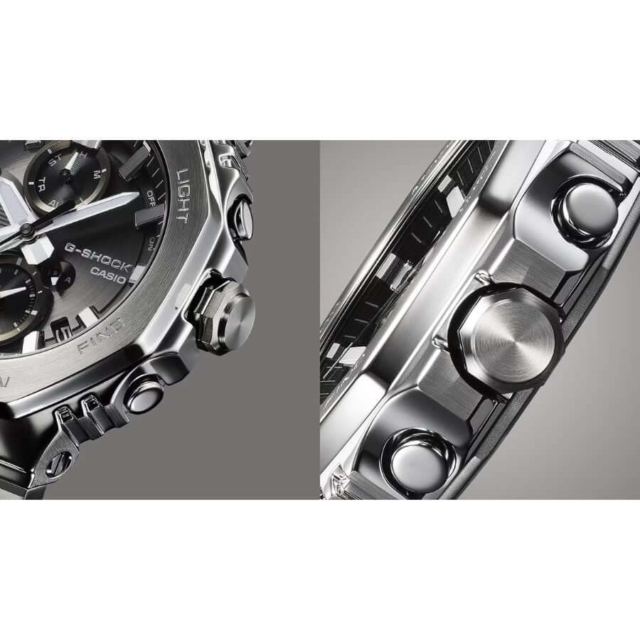 Casio G-Shock Full Metal GMC-B2100D-2AER kello, yksityiskohtia ja painikkeet, tyylikäs metallinen ulkoasu.