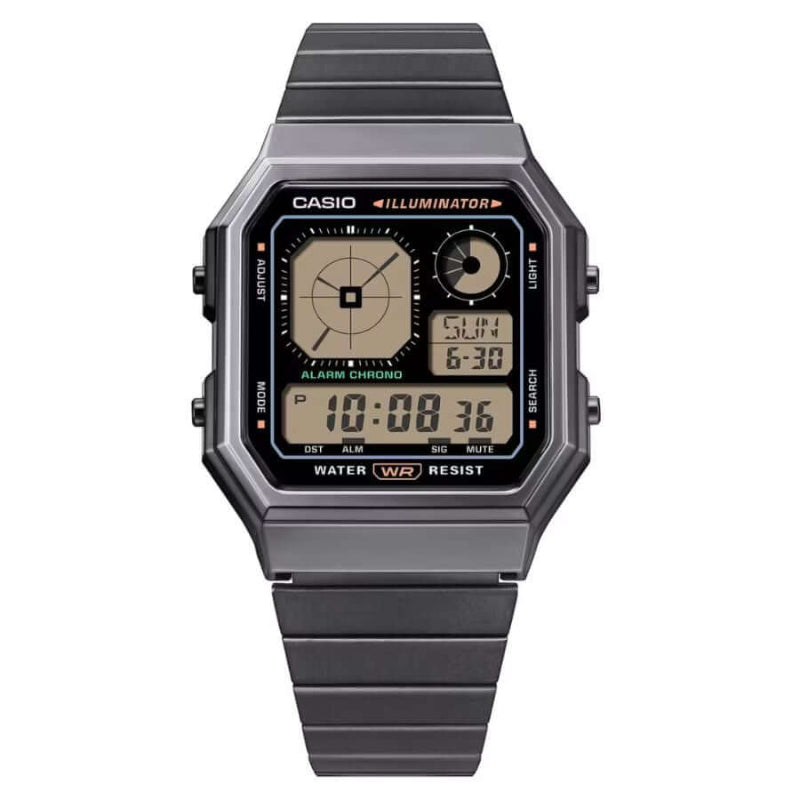Casio Vintage A130WEGG-1AEF digitaalinen kello tummanharmaalla ilmeellä ja metallinväreillä.
