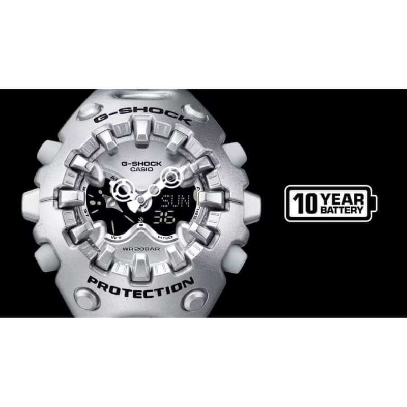 Casio G-Shock Cool Eyes rannekello GA-V01-1AER hopeinen kello, 10 vuoden akku ja suojausominaisuudet.