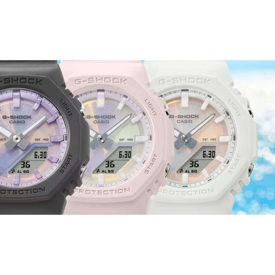 Casio G-Shock Rannekello GMA-P2100PC-4AER, kolme eri värivaihtoehtoa kellosta, jossa polarisoitu kellotaulu.