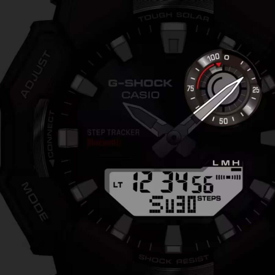 Casio G-Shock Classic Rannekello GA-B010-3AER näyttö, jossa askelmittari ja älykkäät toiminnot.
