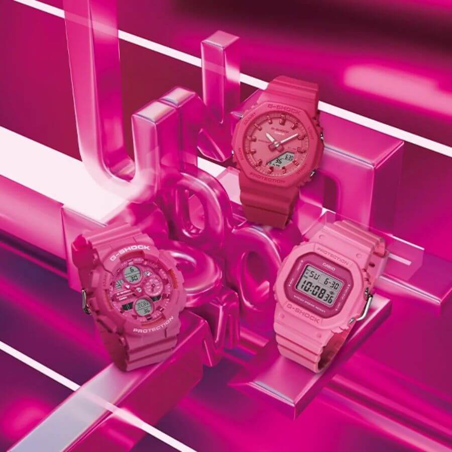 Casio G-Shock GMD-S5610PP-4ER, kolme pinkkiä kelloa, tyylikkäitä ja ainutlaatuisia malliston kelloja.