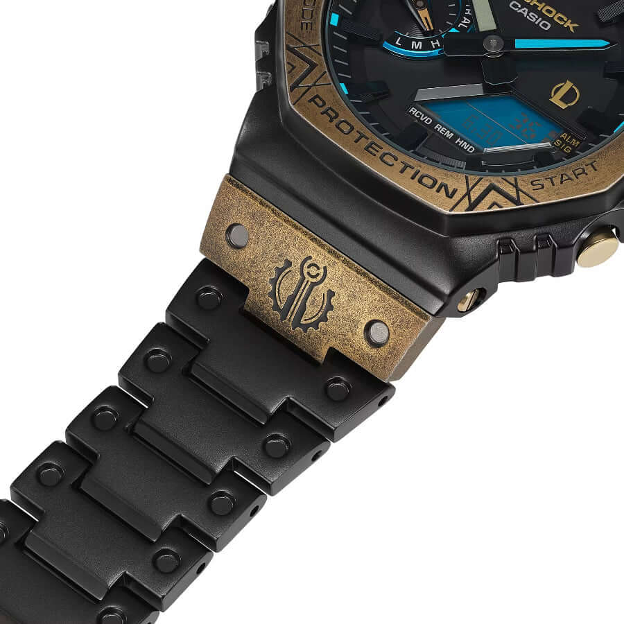 Casio G-Shock League of Legends GM-B2100LL-1AER Limited Edition kello, jossa musta hihna ja kultainen yksityiskohta.