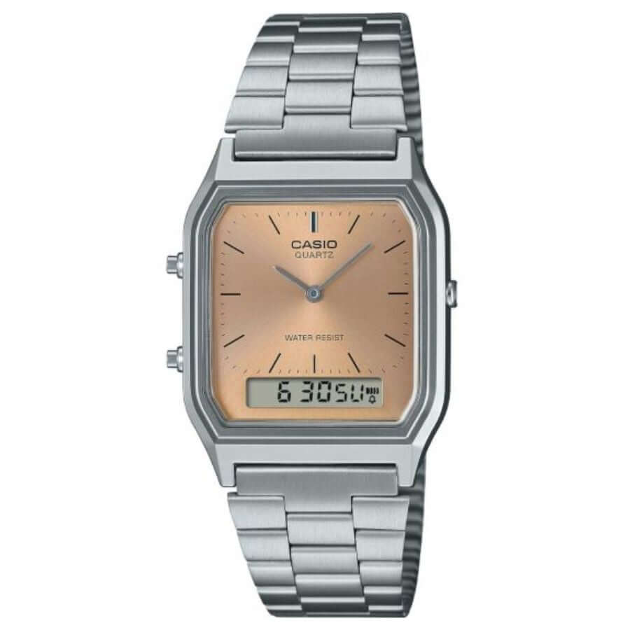 Casio Vintage Edgy Collection AQ-230A-4AMQYES digitaalinen kello hopeaketjulla ja auringonhohtoisella kellotaululla.