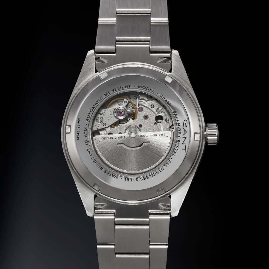 GANT Prestige GP282 Kello P282001 takapaneeli, automaattikoneisto ja kestävä teräsranneke.