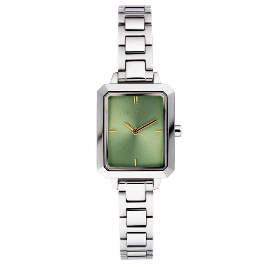 Leijona Jewellery Sointu Rannekello 5172-4733, vihreä kellotaulu ja hopeaherkku, tyylikäs retroa.