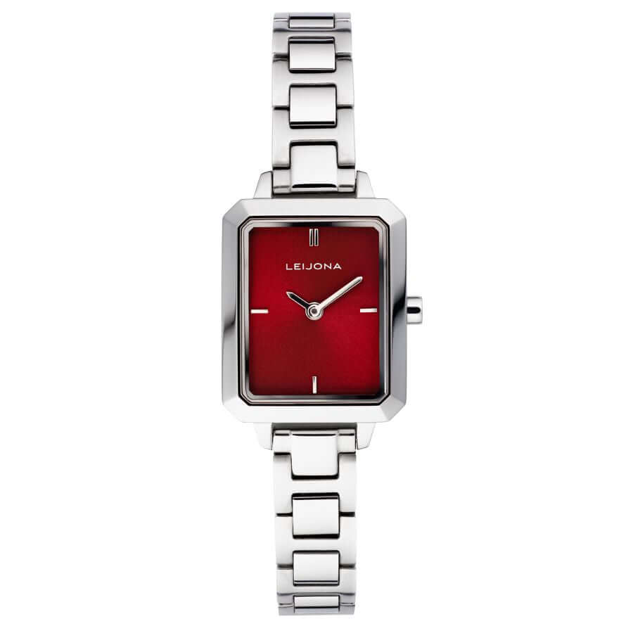Leijona Jewellery Sointu Rannekello 5172-4734 - Razzle Red, hopeinen rannekello intensiivisellä punaisella kellotaululla.
