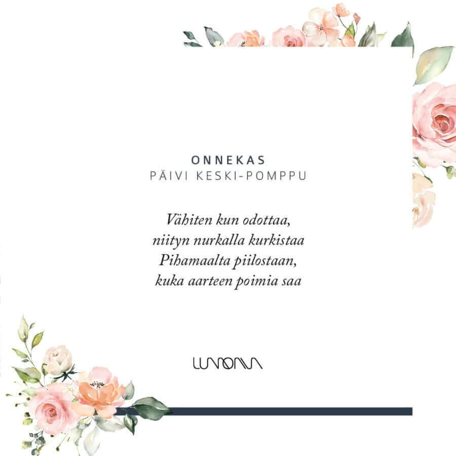 Lumoava Onnekas riipus 563620000, runollinen teksti, kukkapainatus, kaunis design.