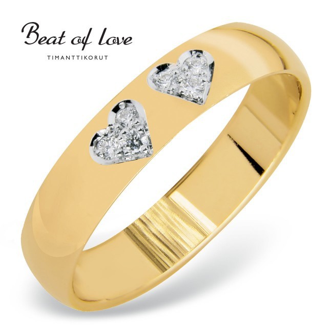 Beat of Love kultainen timanttisormus kahdella sydämellä RO-015-KPP-4