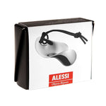 Alessi Pullonavaaja Bulla VS01 paketoituna, moderni muotoilu ja musta nahkanauha, upea lahja.