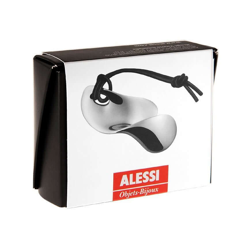 Alessi Pullonavaaja Bulla VS01 paketoituna, moderni muotoilu ja musta nahkanauha, upea lahja.