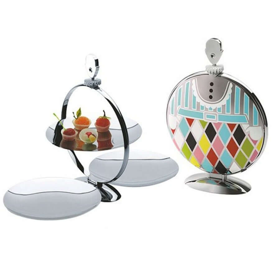 Alessi Fatman Leivostarjotin MW08 värikkäällä designilla ja kolmella tasolla, kakkujen ja herkkujen esillepanoon.