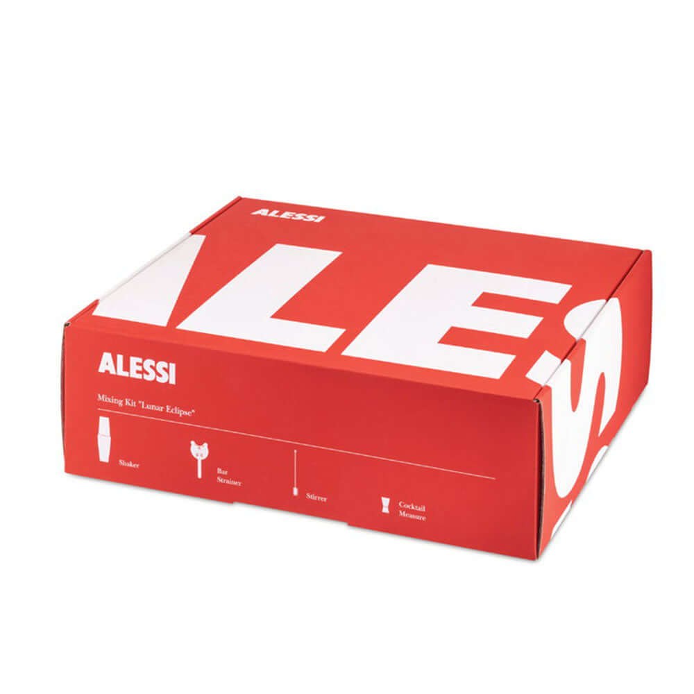 Alessi 5050 set I Cocktail setti pakkauksen kuva, sisältää sheikkerin ja cocktail välineet.