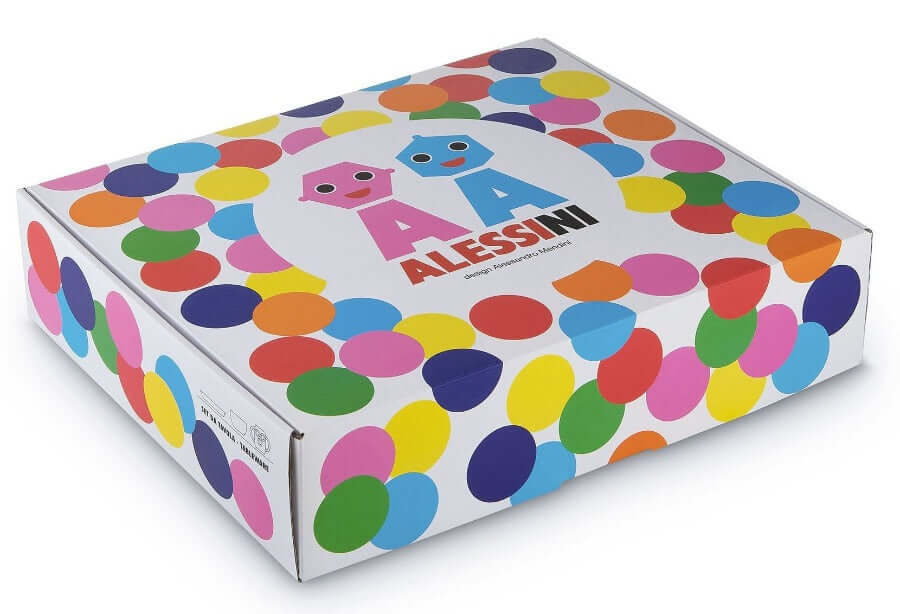 Alessi Alessini Proust lasten ruokailusetti AM39S1 paketti värikkäällä pallokuvioinnilla.