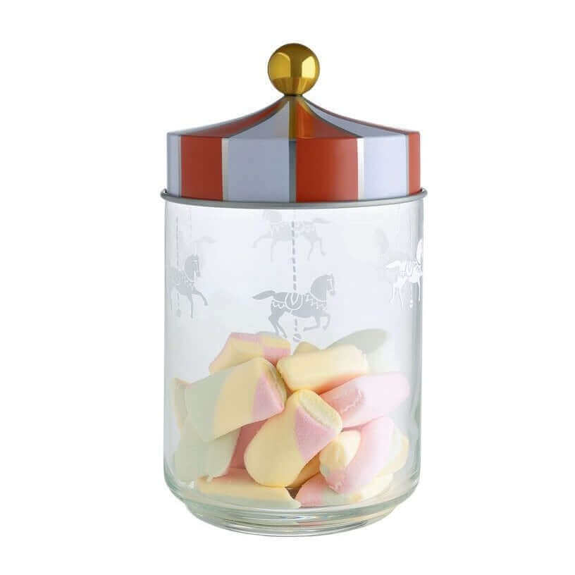 Alessi Jar with hermetic lid Circus Rasia MW3-100, lasinen säilytyspurkki värikkäällä kannella ja vaahtokarkeilla.