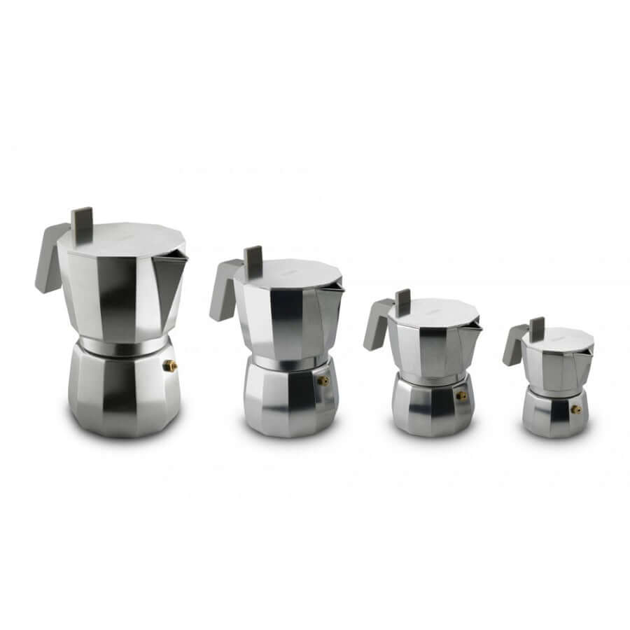 Alessi Moka espressokeitin DC06-9 FM, neljä eri kokoa tyylikkäitä kahvinkeittimiä.