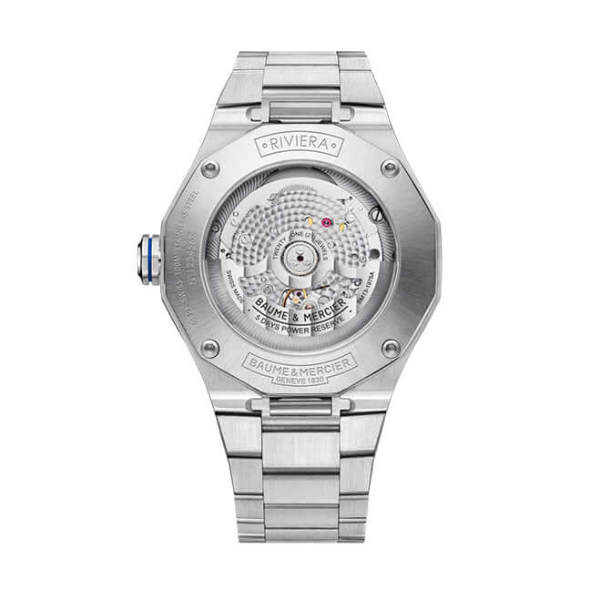 Baume & Mercier Riviera 10616 kello takakuva tiheällä muotoilulla ja automaattisella koneistolla.