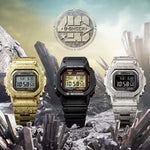 Casio G-Shock GMW-B5000PG-9ER LIMITED EDITION, kolme erikoiskelloa, kullan, mustan ja hopean väreissä.
