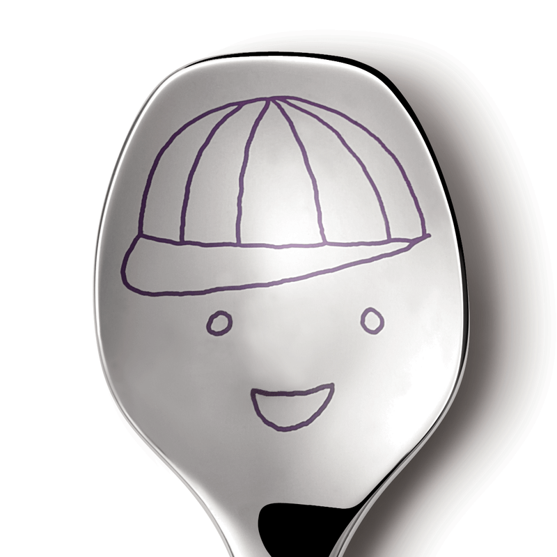 Georg Jensen Alfredo The Twist Family aterimet 3580049, lusikka, jossa hauska hahmo hatussa.