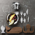 Georg Jensen Alfredo The Twist Family aterimet 3580049, lasten aterimet, hauskoja hahmoja, haarukka, veitsi, lusikka.