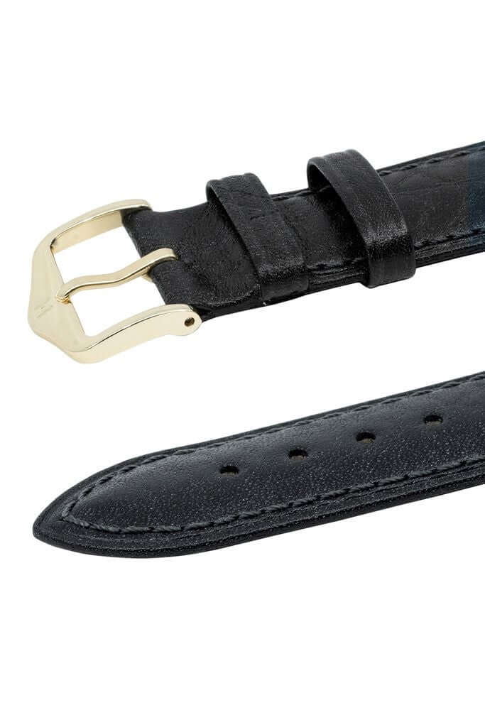 Hirsch Camelgrain musta kellon ranneke 01009050-1, tyylikäs musta ranneke kultaisella soljella.