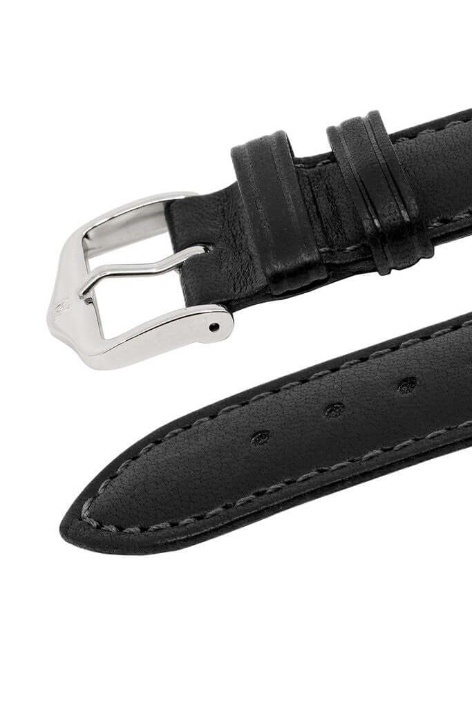 Hirsch Merino musta kellon ranneke 01206050-2, nahkaranneke metallisoljella ja mustalla nahalla.