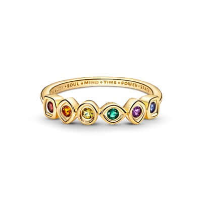 Pandora Marvel The Avengers Infinity Stones 160779C01: kullattu sormus, jossa kuusi värikästä kiveä.