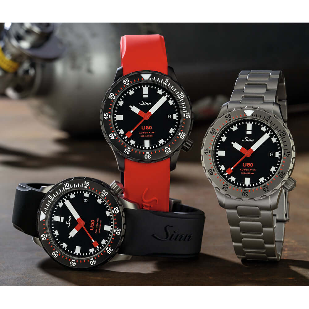 Sinn U50 Diving Watch 1050.030 mallisto, kolme eri tyyliä, musta kellotaulu, sukelluskellot, kestävä muotoilu.